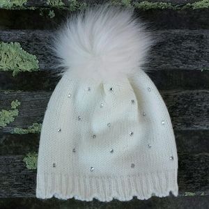 Nicole Miller White Knit Rhinestone & Fur Pompom Winter Baby Beanie Hat